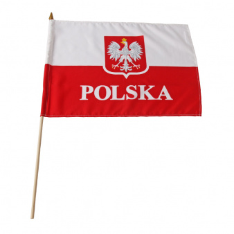 Flaga POLSKA  30x40 cm z uchwytem drewnianym z godlem